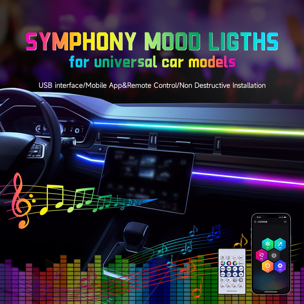 Led Ambient Interior Car Lights App Control - Auto-USB 64 Farben Acrylstreifen LED-Ambientelicht 110cm