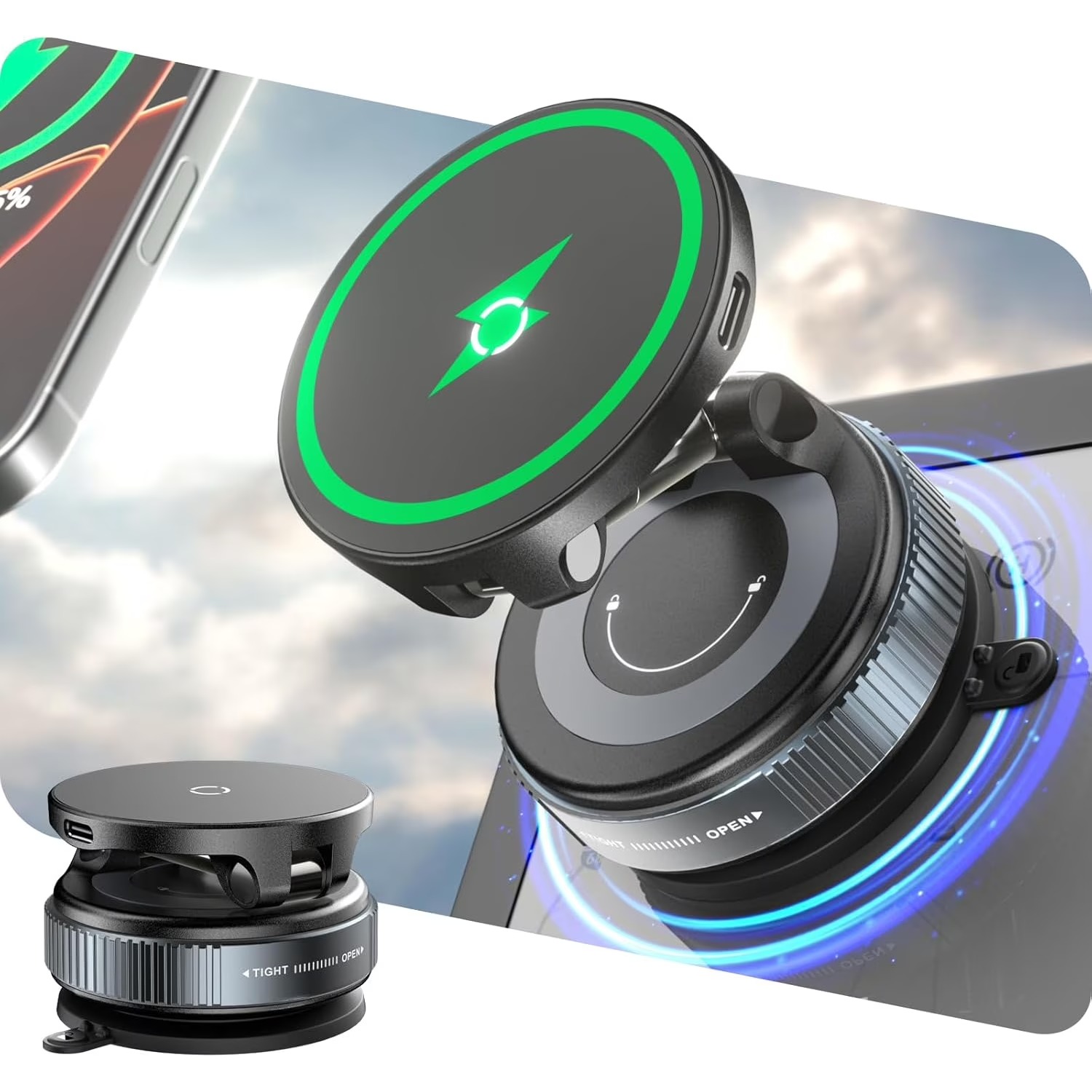 Wireless Car Charger Mount Fast Charging - 15W Kabelloses Schnell-Ladegerät Auto-Handyhalterung mit Vakuum-Saugnapf